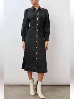 NWOT Rails Long Sleeve Ruched Button Up Kimber Midi A-Line Dress Black Small